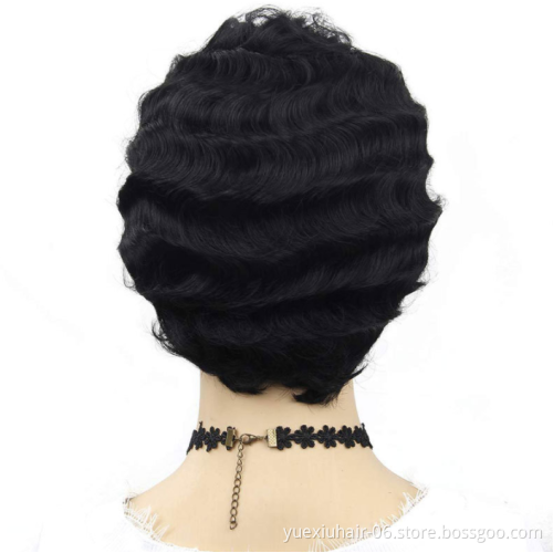 Pixie Cut Short Human Hair Wig Finger Wave For Black Women, Brazilian Virgin Cuticle Aligned Hair Wavy Wig